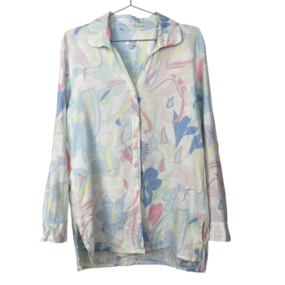 Escada Sport Linen Button Down Shirt 40 Pastel Paisley Floral Roll Tab Coastal